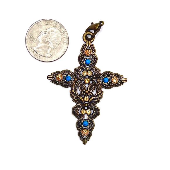 Bronze copper tone Ornate Cross Pendant with Blue turquoise Gold crystal Accents - Picture 3 of 8